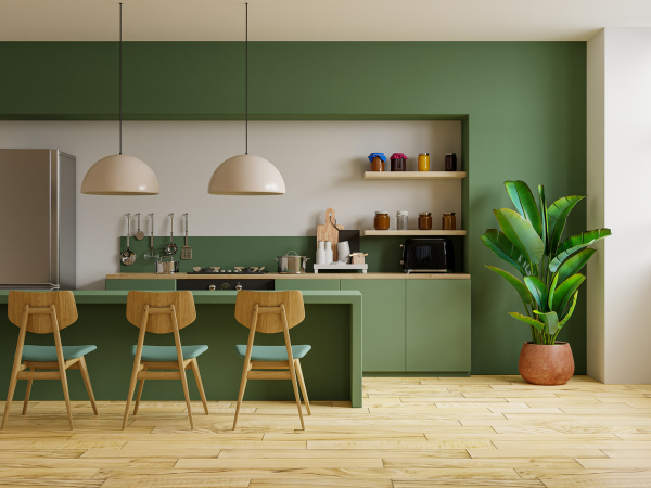 Bold green kitchen design with a house plant and wooden chairs