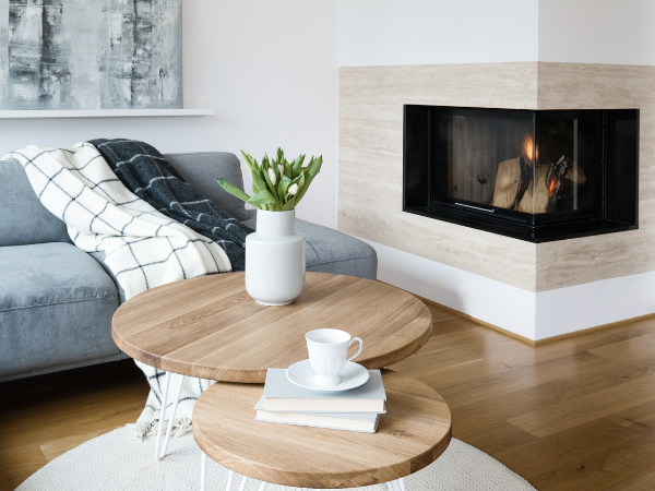 Living room with corner fireplace, and plant on wooden coffee table