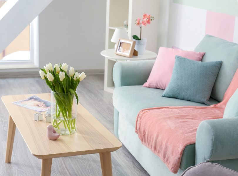 pink and mint green living room