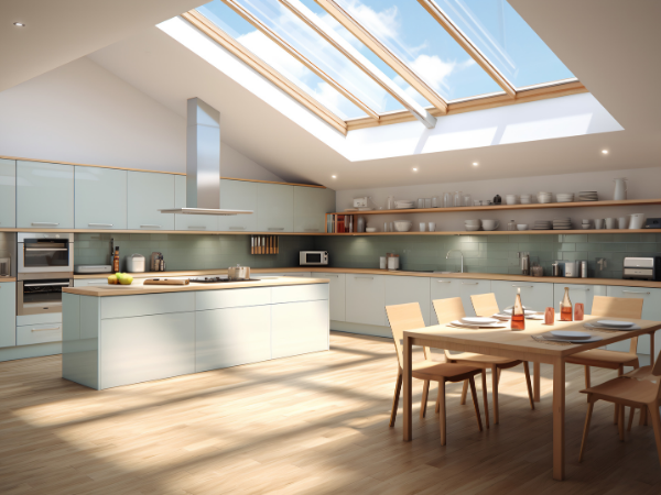 Spacious and bright kitchen with a skylight, exuding a lovely ambiance-1