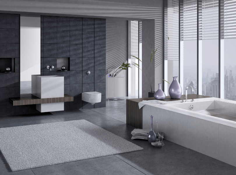 dark and light grey bathroom tiles with off white rug