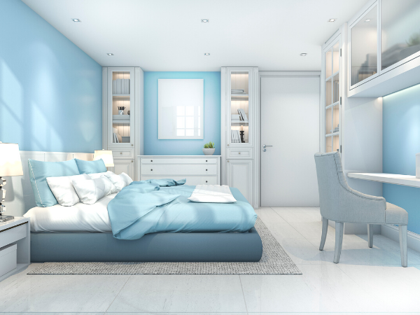 bedroom in light blue colour