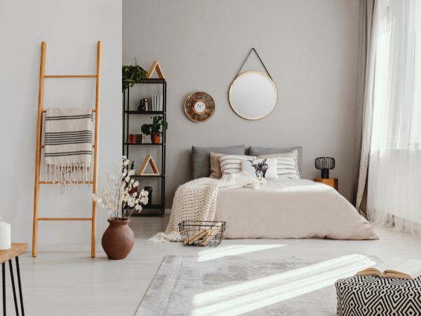 calming, minimal bedroom design in earth tones