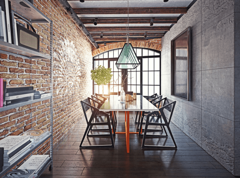 brick and cement walled architectural dining room 