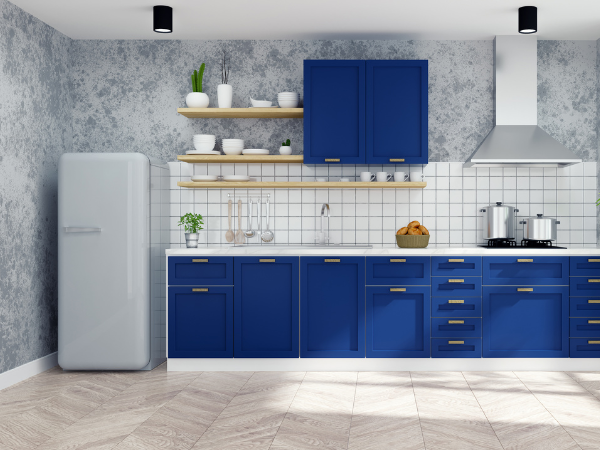 kitchen diy- blue cabinets, minimal decor, and grey wall