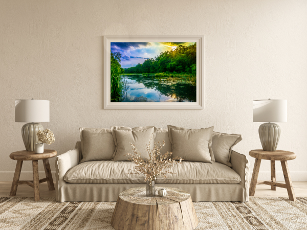 living room in neutral tones with a colourful nature photograph on wall