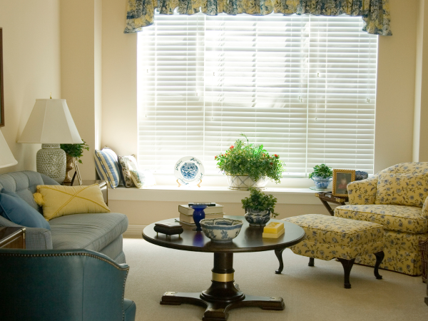 living room with sleek blinds and wall mirror to create the illusion of space