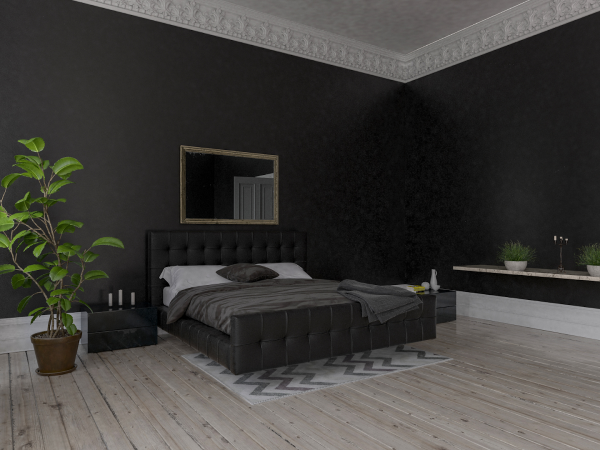 minimal bedroom with black walls and black decor and plants