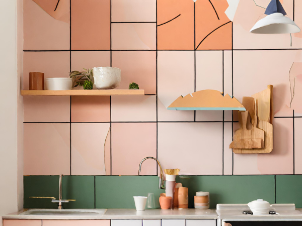pink and green retro styled kitchen wall tiles