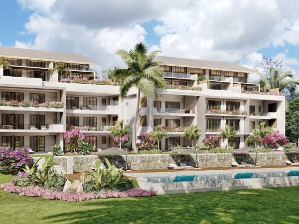 Apartments, penthouses, and pink and green plants at The Welnest, Mauritius