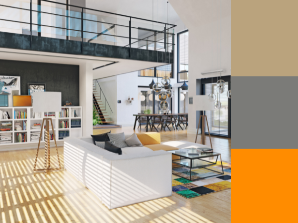 beige and dark orange colour palette for open-concept living space