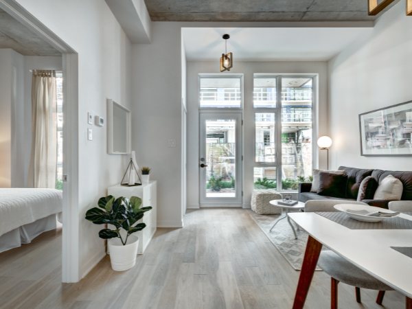 Interior of ultra modern, minimal micro-apartment