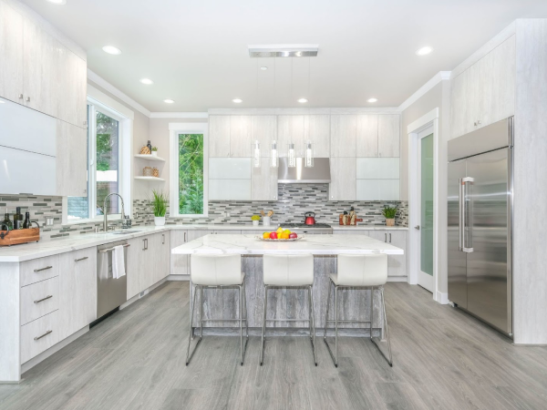 grey and white kitchen layout