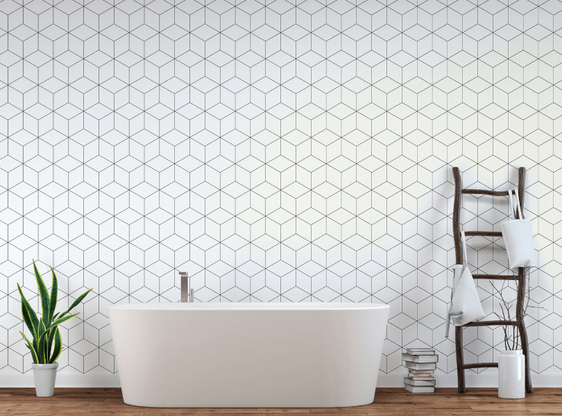 white and grey patterned wallpaper bathroom